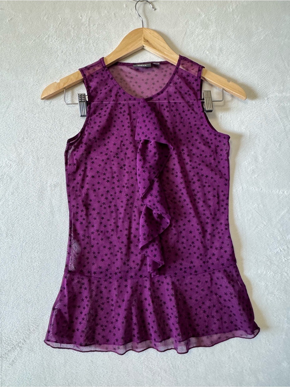 Mexx Purple Star-Print Ruffle-Front Sheer Camisole xs